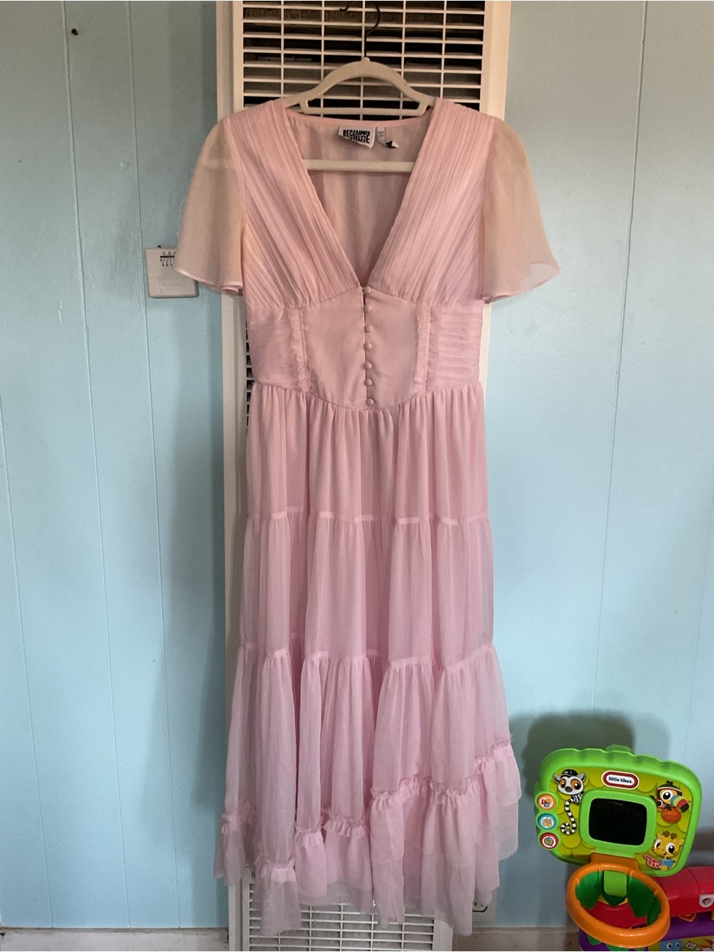 Reclaimed Vintage Light Pink Pleated V-Neck Dress